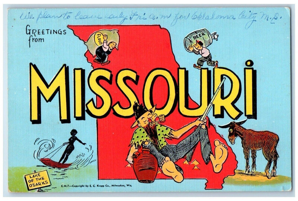 1954 Greetings From Missouri MO, Lake Of The Ozarks Sign Boy Drunk Pipe Postcard