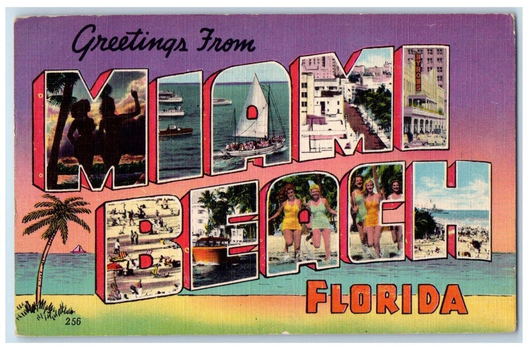 1953 Greetings From Miami Beach Florida FL, Palm Tree Large Letters Postcard