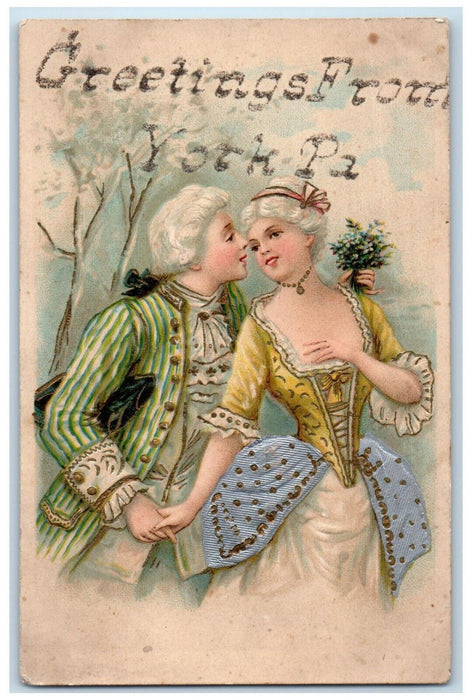 c1910 Couple Scene Greetings from York Pennsylvania PA Antique Embossed Postcard