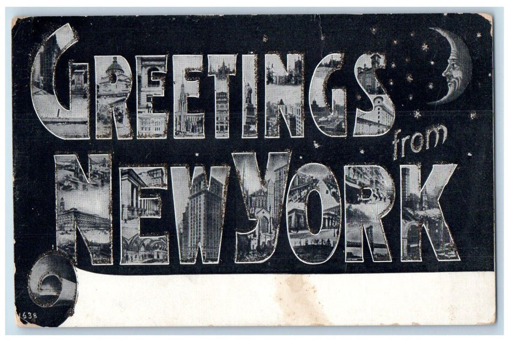 c1905 Greetings From New York NY, Anthropomorphic Moon Large Letters Postcard