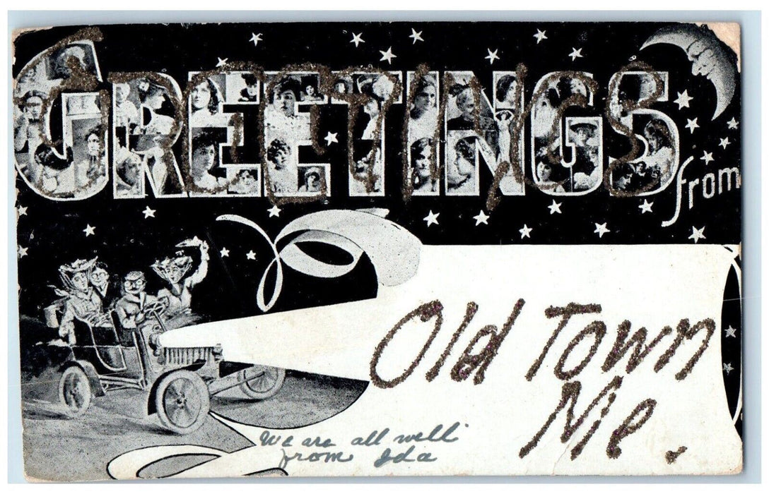 1907 Greetings From Old Town Maine ME, Large Letters Glitter Antique Postcard