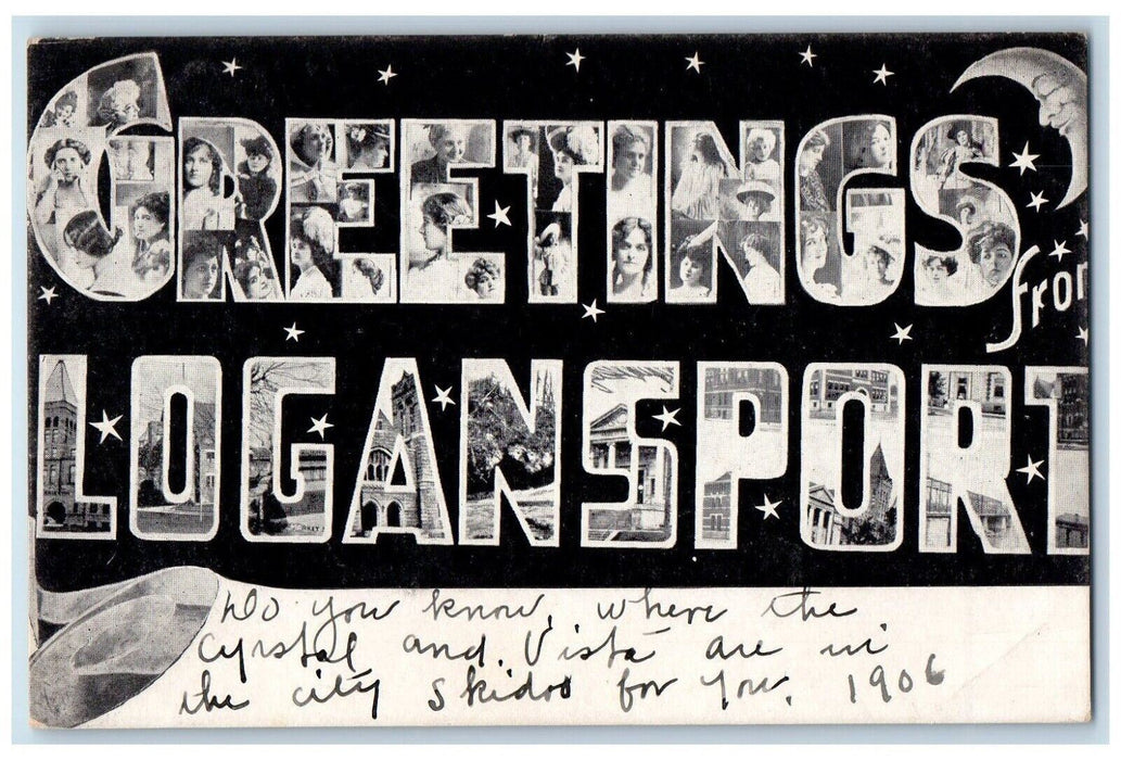 c1905 Greetings From Logansport Indiana IN, Anthropomorphic Moon Stars Postcard