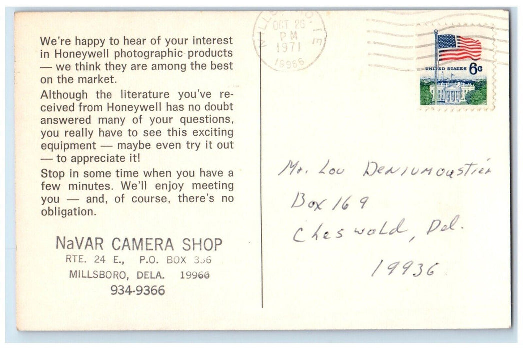 1971 Navar Camera Shop Millsboro Delaware DE Posted Vintage Postcard