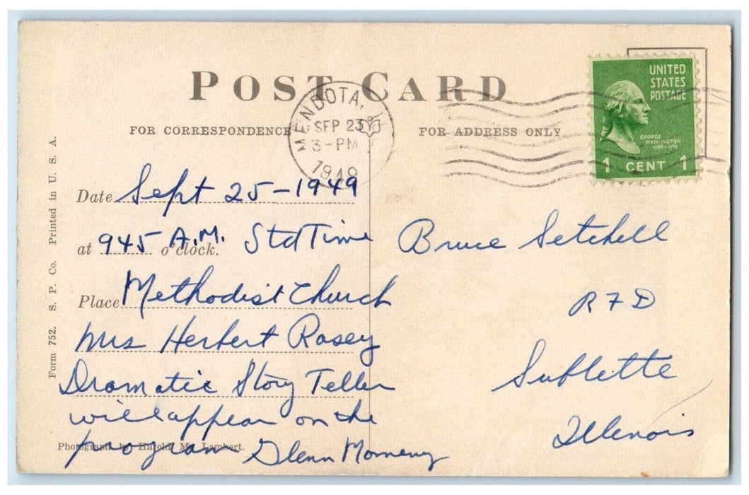 1949 Come To Rally Day Next Sunday Mendota Illinois IL Posted Vintage Postcard