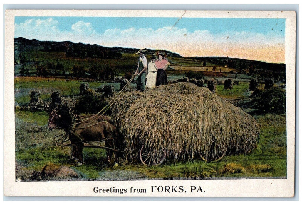 Greetings From Forks Pennsylvania PA, Farmers Horses Wagon Haying Postcard