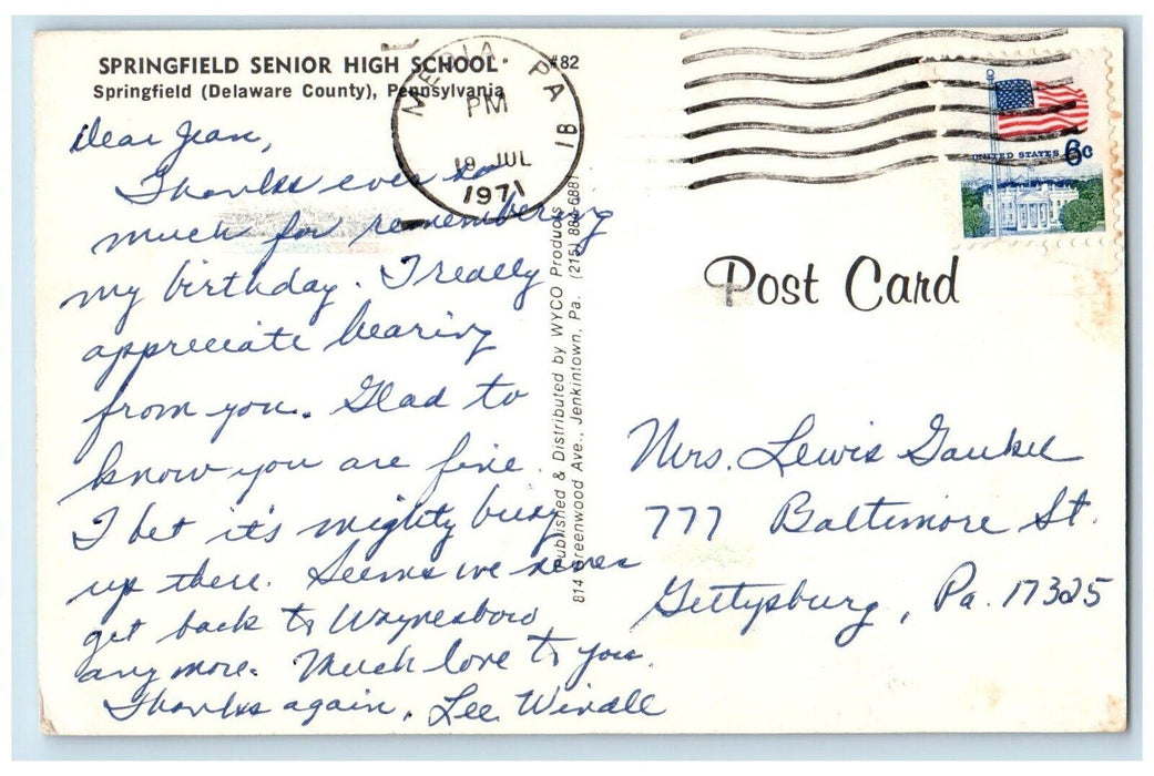 1971 Springfield Senior High School Building Springfield Delaware DE Postcard