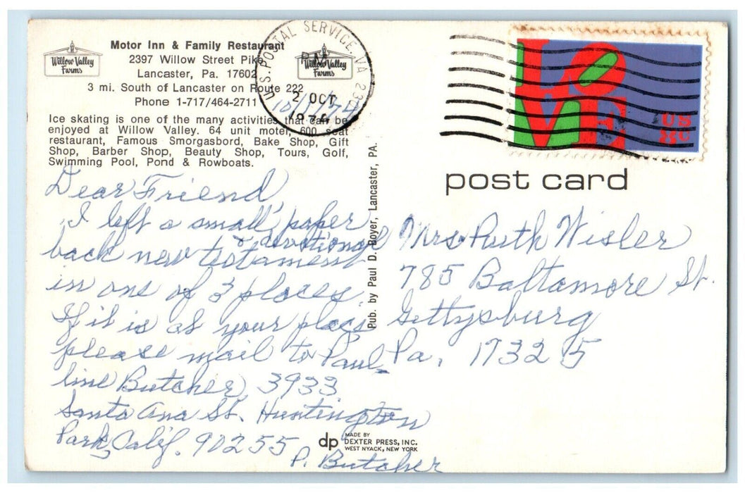 1974 Motor Inn Hotel & Family Restaurant Lancaster Pennsylvania PA Postcard