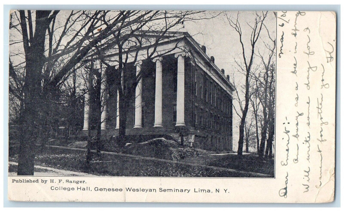 1906 College Hall Genesee Wesleyan Seminary Lima New York NY Antique Postcard
