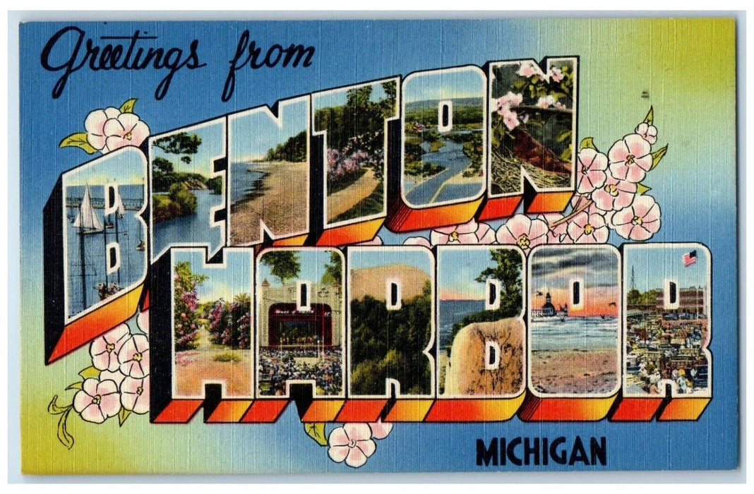 c1940's Greetings From Benton Harbor Michigan MI, Large Letters Flowers Postcard