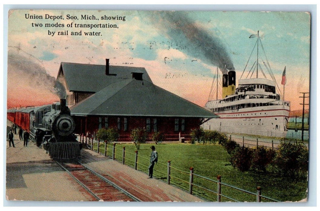 c1910's Union Depot Soo. Michigan MI, Showing Two Modes Transportation Postcard