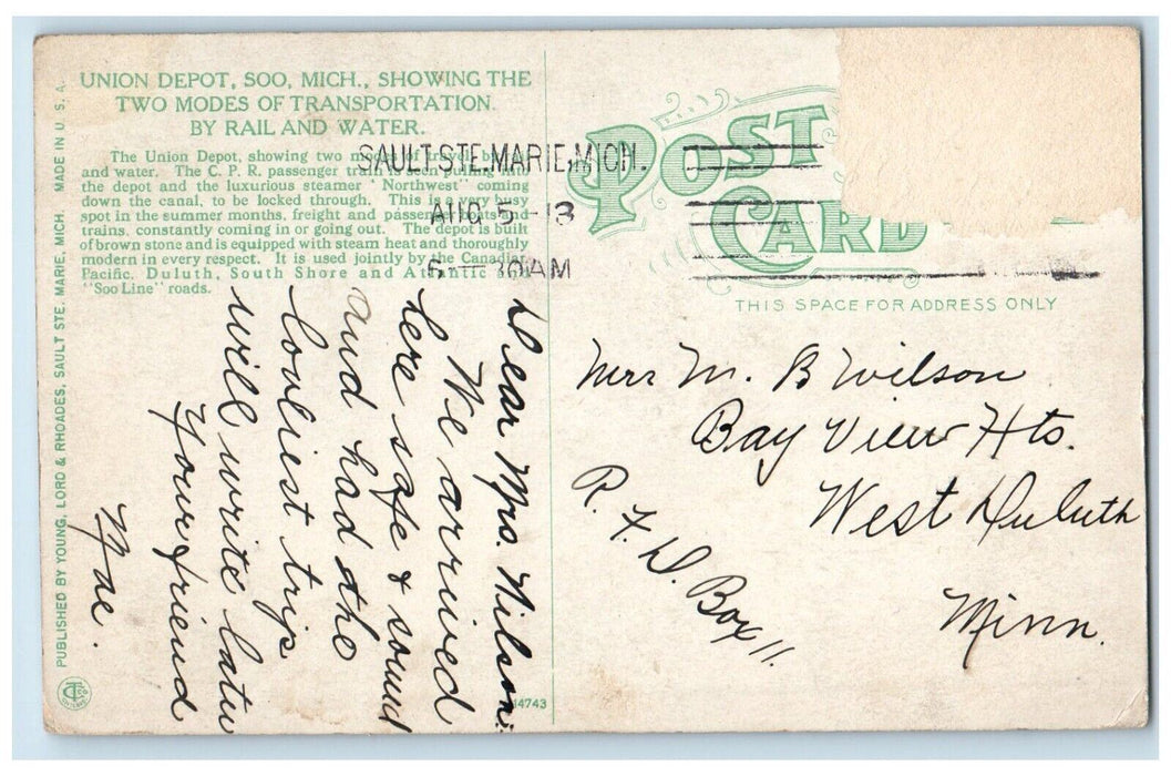 c1910's Union Depot Soo. Michigan MI, Showing Two Modes Transportation Postcard
