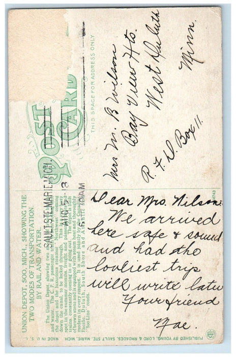 c1910's Union Depot Soo. Michigan MI, Showing Two Modes Transportation Postcard