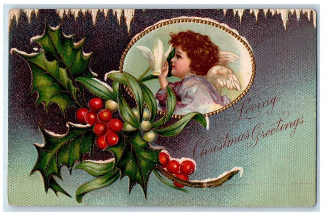 c1910's Christmas Greetings Holly Lily Flower Angel Embossed Antique Postcard