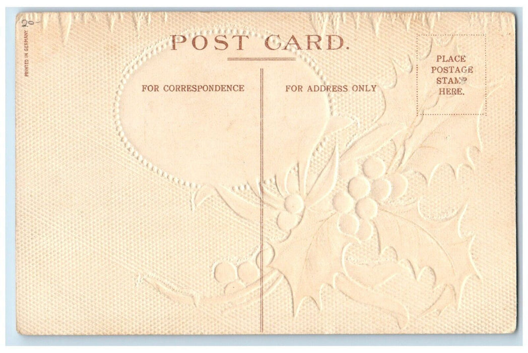 c1910's Christmas Greetings Holly Lily Flower Angel Embossed Antique Postcard