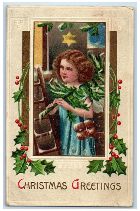 c1910's Christmas Greetings Girl Carrying Christmas Tree Holly Embossed Postcard