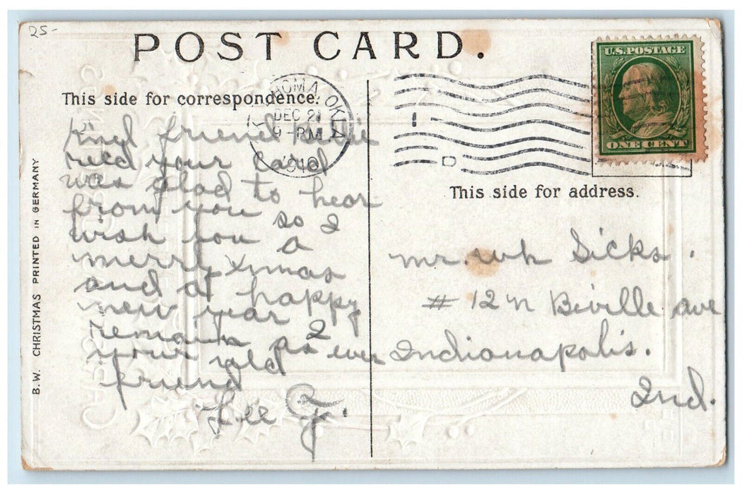 c1910's Christmas Greetings Girl Carrying Christmas Tree Holly Embossed Postcard