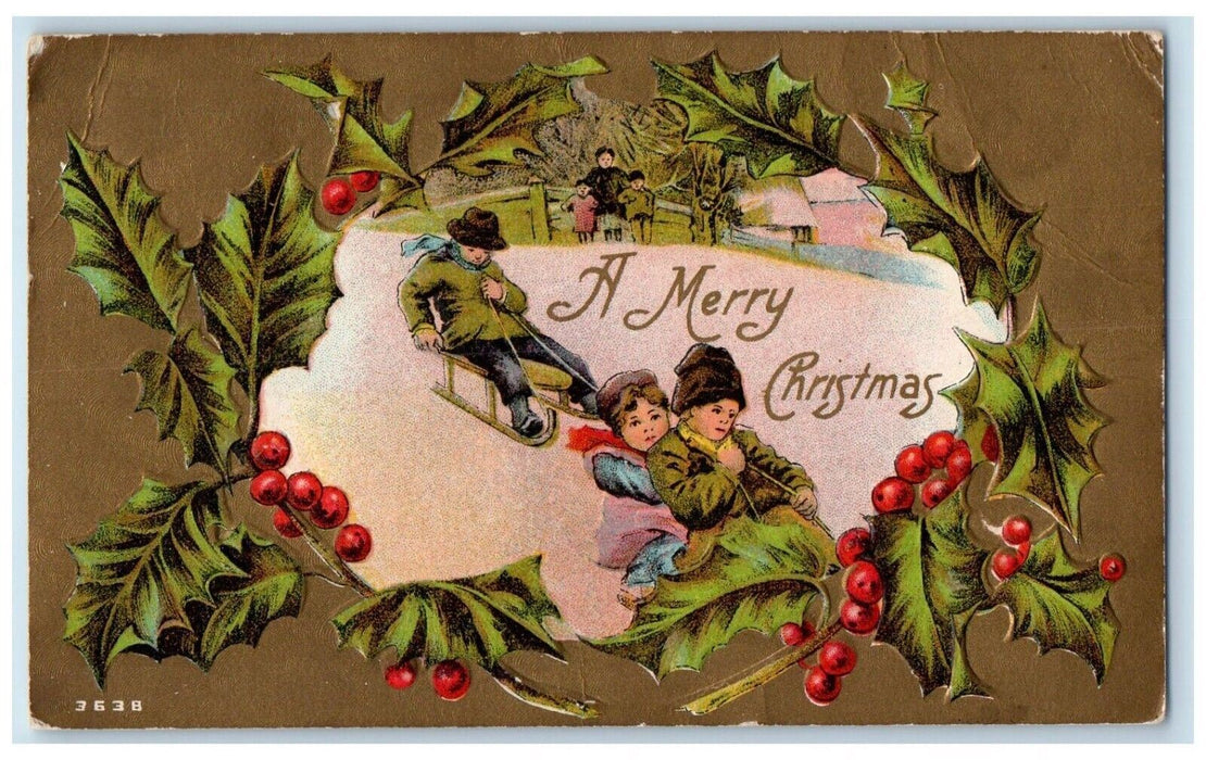 1909 Merry Christmas Boy And Girl Sledding Winter Snow Holly Embossed Postcard
