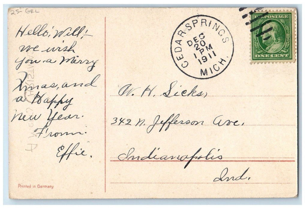 1911 Christmas Baby Jesus Religious Gel Cedar Springs Michigan MI Postcard