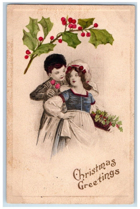 1911 Christmas Greetings Girl And Boy Flowers Holly Berries Antique Postcard