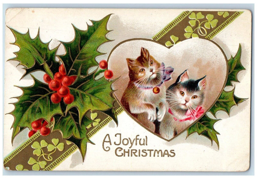 c1910's Christmas Holly Cute Cats Kittens Embossed Unposted Antique Postcard