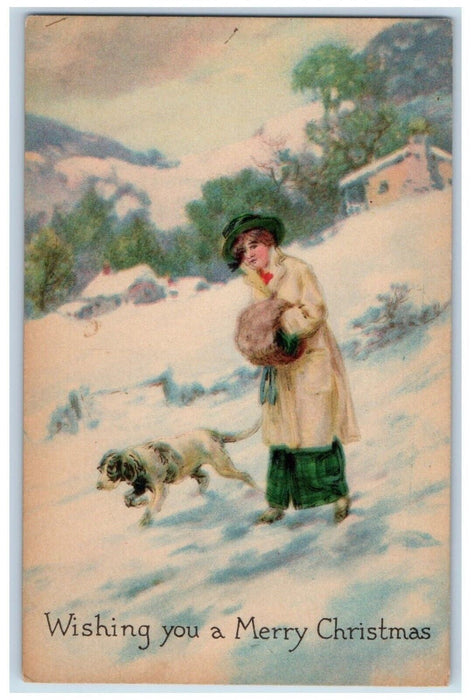 c1910's Christmas Girl And Dog Scene In Winter Snow Posted Antique Postcard