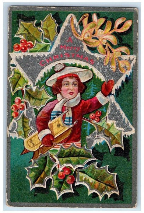 c1910's Christmas Star Holly Santa Boy Sled Embossed Unposted Antique Postcard