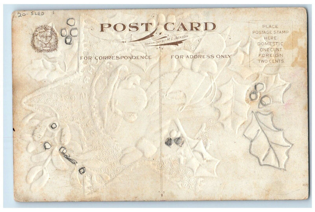 c1910's Christmas Star Holly Santa Boy Sled Embossed Unposted Antique Postcard