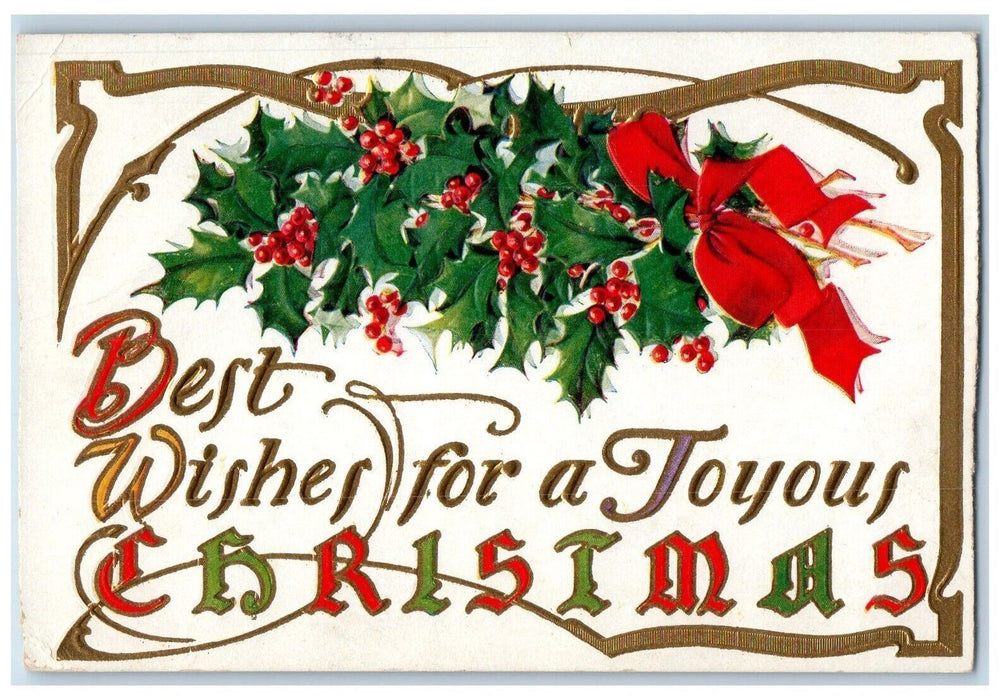 1910 Christmas Holly Berries Red Ribbon Caledonia Michigan MI Embossed Postcard