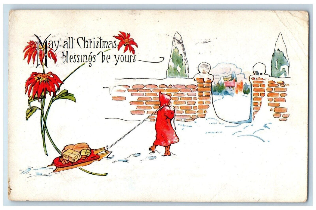 1920 Christmas Blessings Girl Pulling Sled Pointessia Flowers Embossed Postcard