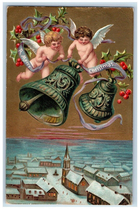 1909 Christmas Angel Cherub Bare Butt Holly Berries Bells Houses Winter Postcard
