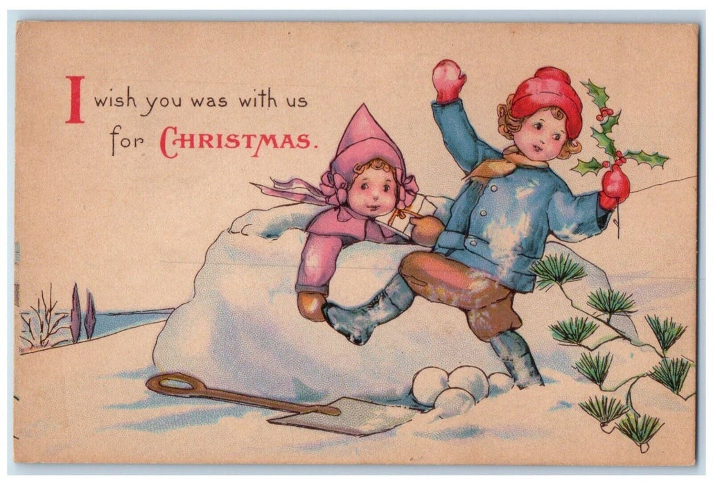 c1910's Christmas Girls Playing In Snow Present Holly Snowballs Antique Postcard