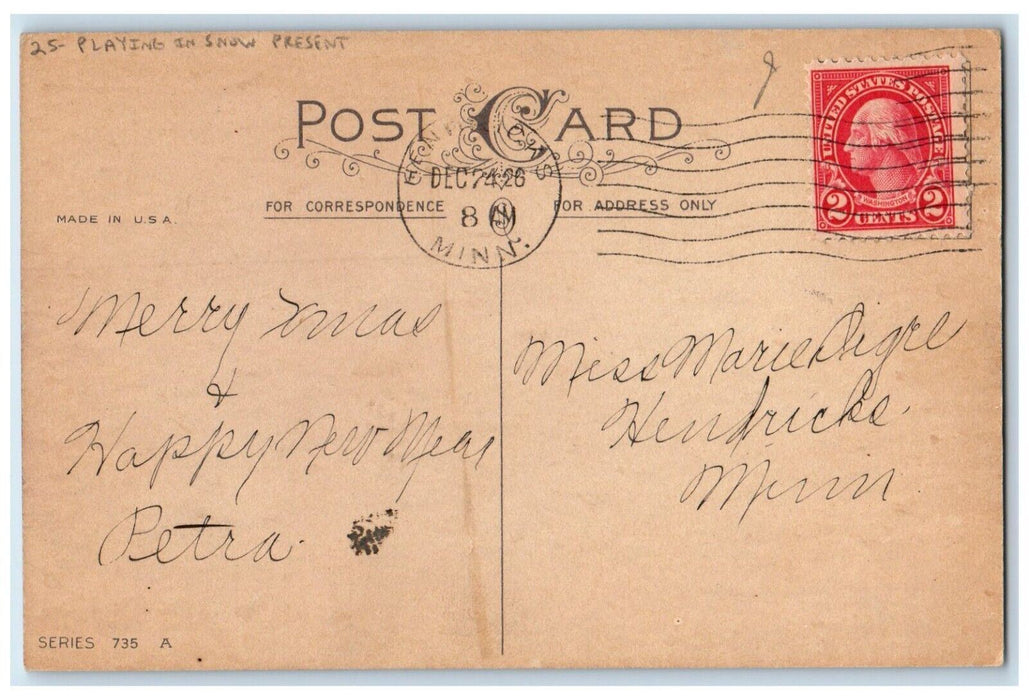 c1910's Christmas Girls Playing In Snow Present Holly Snowballs Antique Postcard
