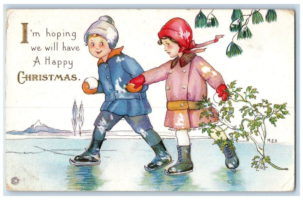 c1910's Christmas Girl And Boy Holding Hands Snowballs Fight Antique Postcard