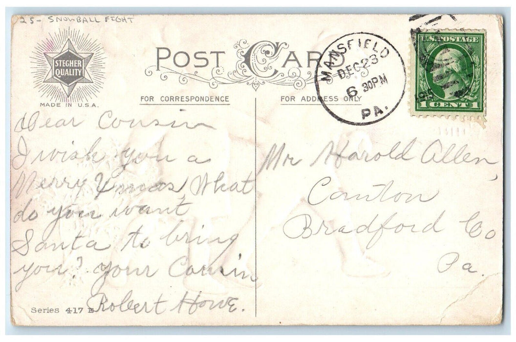 c1910's Christmas Girl And Boy Holding Hands Snowballs Fight Antique Postcard