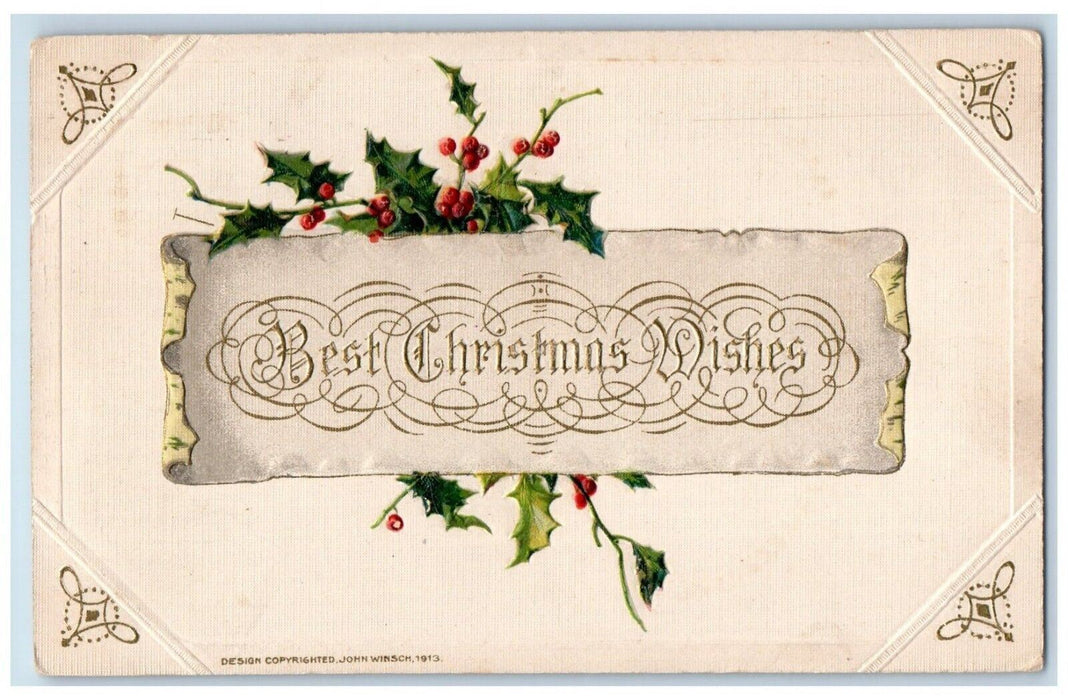 1915 Christmas Wishes Holly Berries John Winsch Artist Signed Embossed Postcard