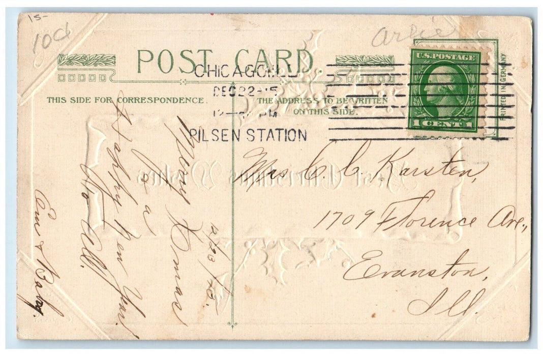 1915 Christmas Wishes Holly Berries John Winsch Artist Signed Embossed Postcard