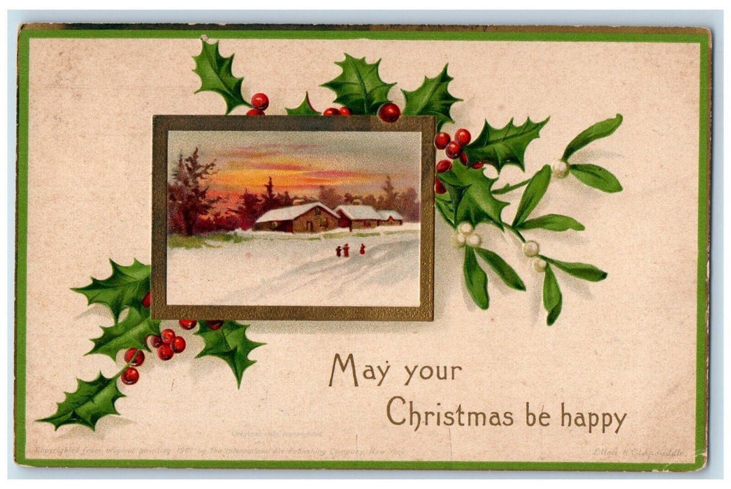 1908 Christmas Holly Winter Snow Ellen Clapssadle Artist Signed Antique Postcard