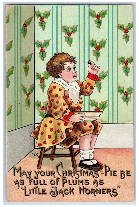 1912 Christmas Pie Little Jack Horners Holly Berries Embossed Postcard
