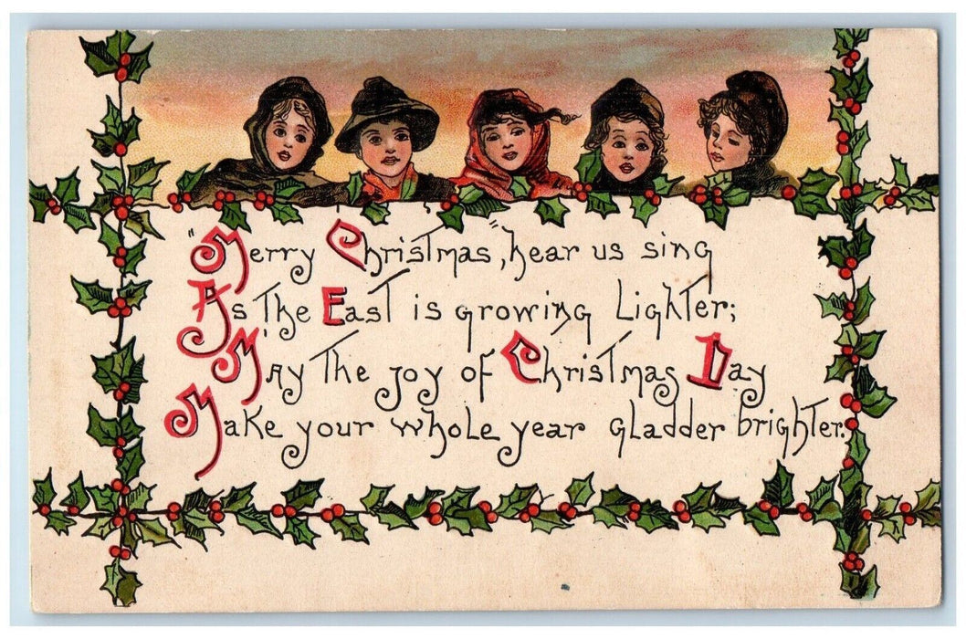 c1910's Christmas Carol Girls And Boy Holly Berries Unposted Antique Postcard