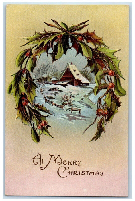 c1910's Christmas Holly House Winter Snow Gel Gold Gilt Antique Postcard