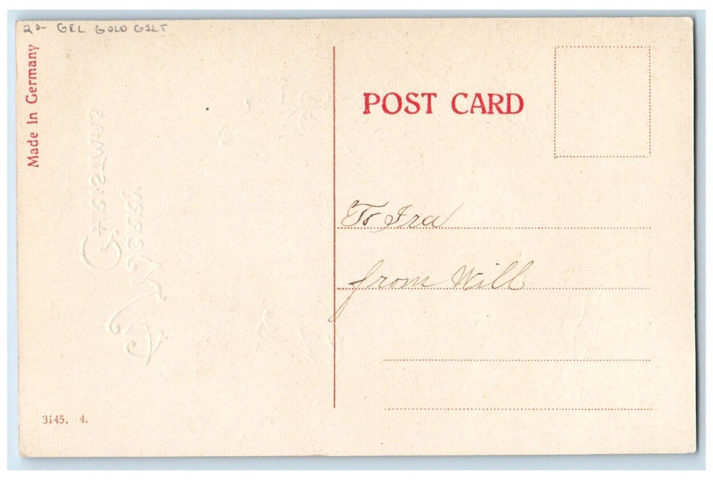 c1910's Christmas Holly House Winter Snow Gel Gold Gilt Antique Postcard
