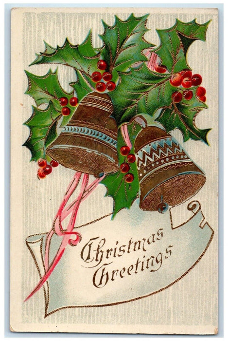 c1910's Christmas Greetings Holly Bells Gel Gold Gilt Embossed Antique Postcard
