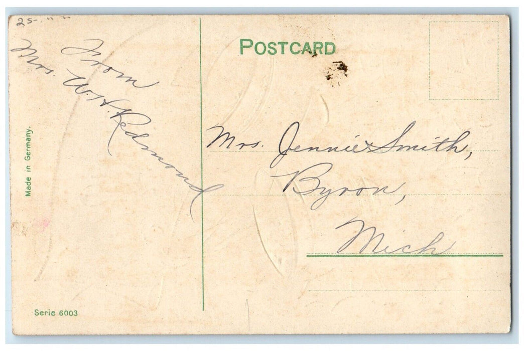c1910's Christmas Greetings Holly Bells Gel Gold Gilt Embossed Antique Postcard