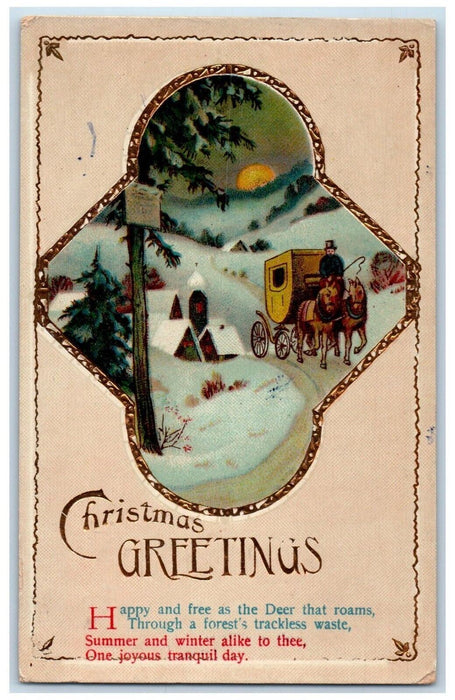c1910's Christmas Greetings Horse Carriage Sunset Gel Gold Gilt Antique Postcard