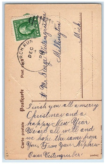 c1910's Christmas Greetings Horse Carriage Sunset Gel Gold Gilt Antique Postcard