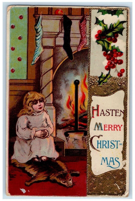 1917 Christmas Girl Hanging Socks Fireplace Gel Gold Gilt Antique Postcard
