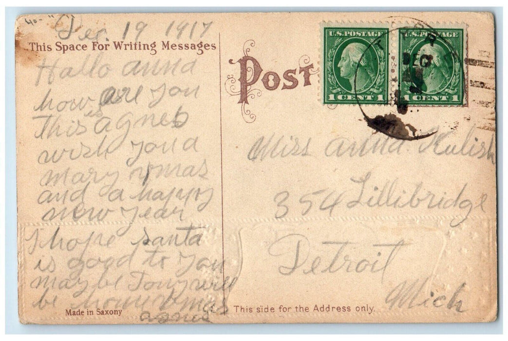 1917 Christmas Girl Hanging Socks Fireplace Gel Gold Gilt Antique Postcard