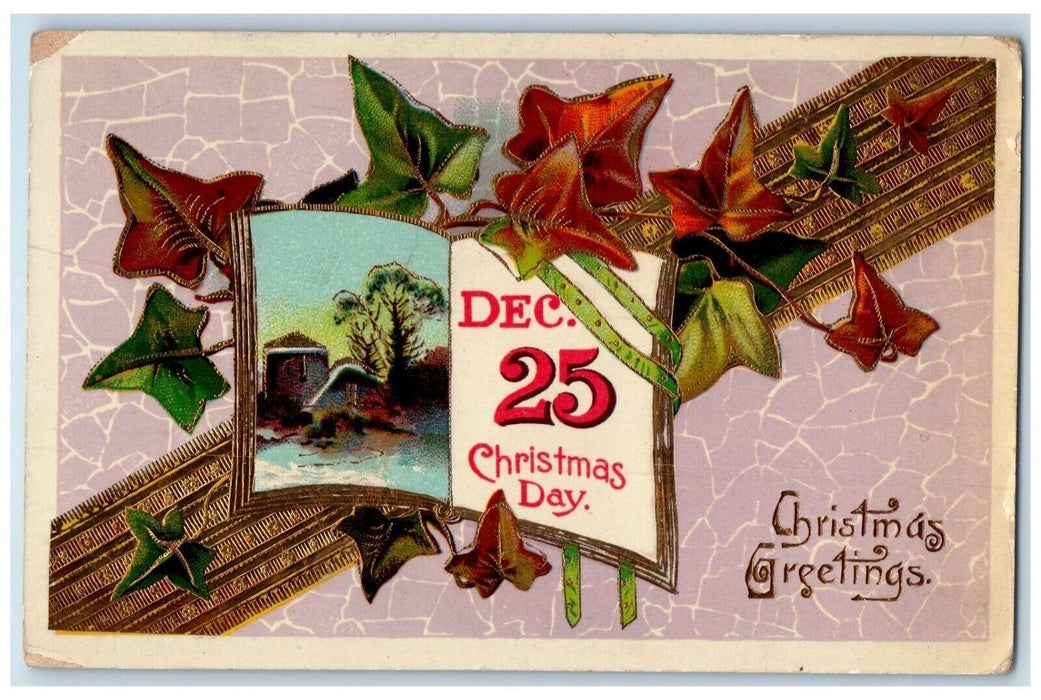 1913 Christmas Greetings December 25 Gel Gold Gilt Winsch Back Embossed Postcard