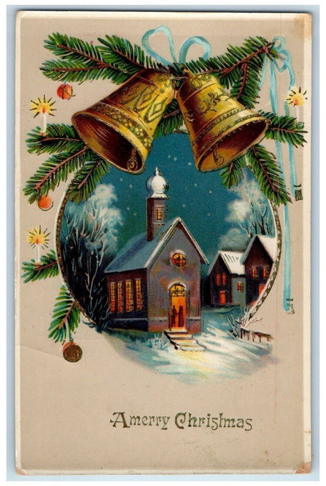c1910's Christmas Pine Candles Decor Bells Winter Snow Gel Gold Gilt Postcard