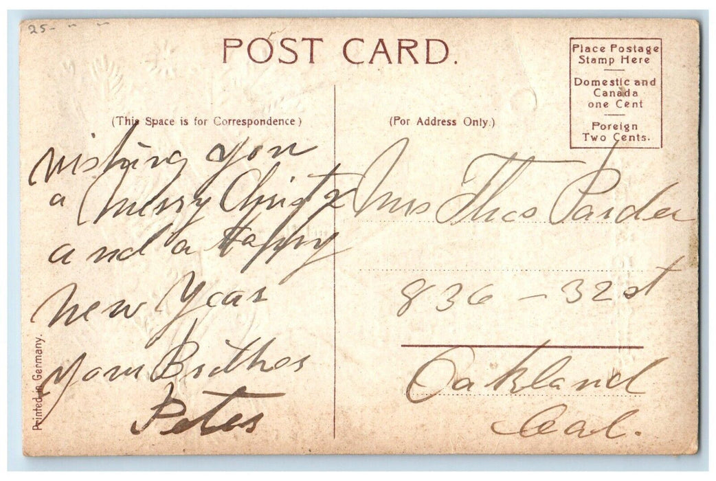 c1910's Christmas Pine Candles Decor Bells Winter Snow Gel Gold Gilt Postcard